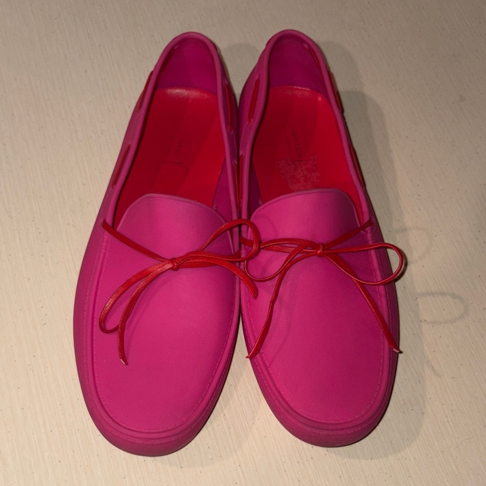 Hunter Hot Pink Rubber Loafers with Red Bow